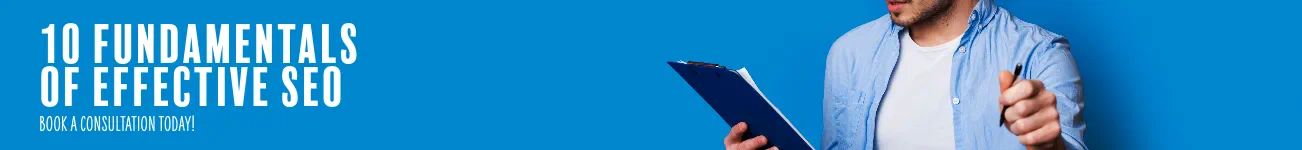 Man holding clipboard promoting SEO consultation services.