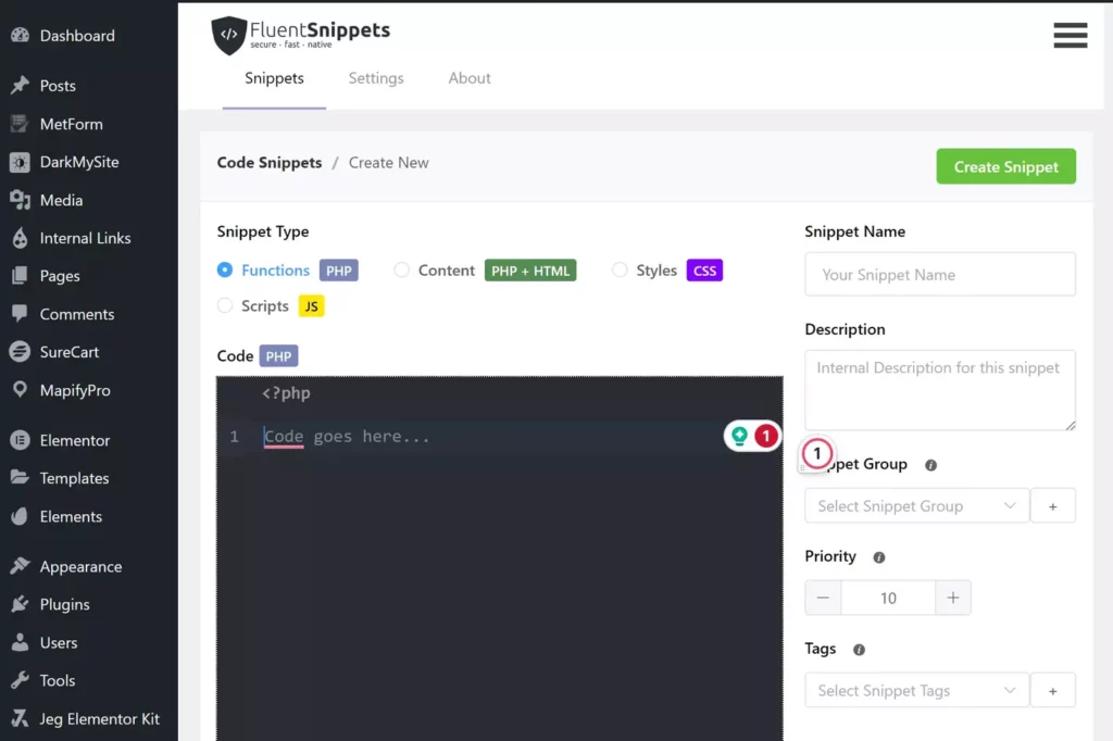 Fluent Snippets WordPress Screenshot 0