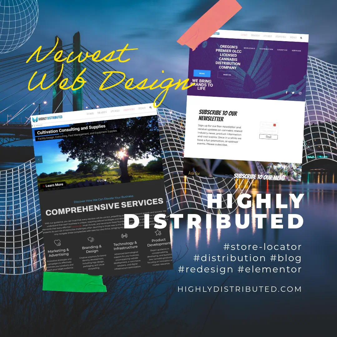 Collage of web design examples and services with hashtags.