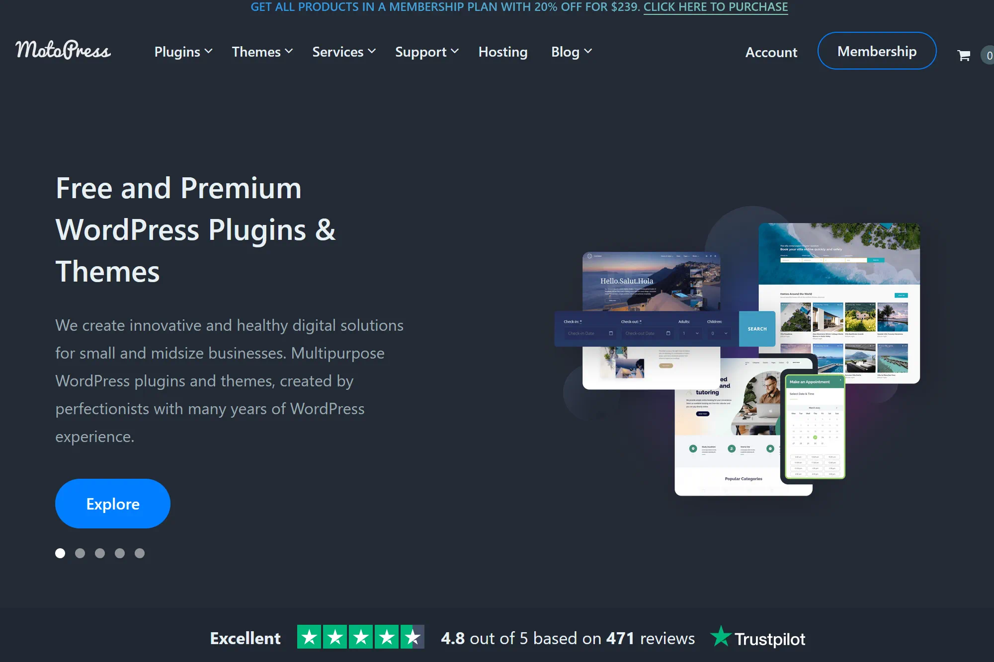 WordPress plugins and themes website screenshot with reviews.