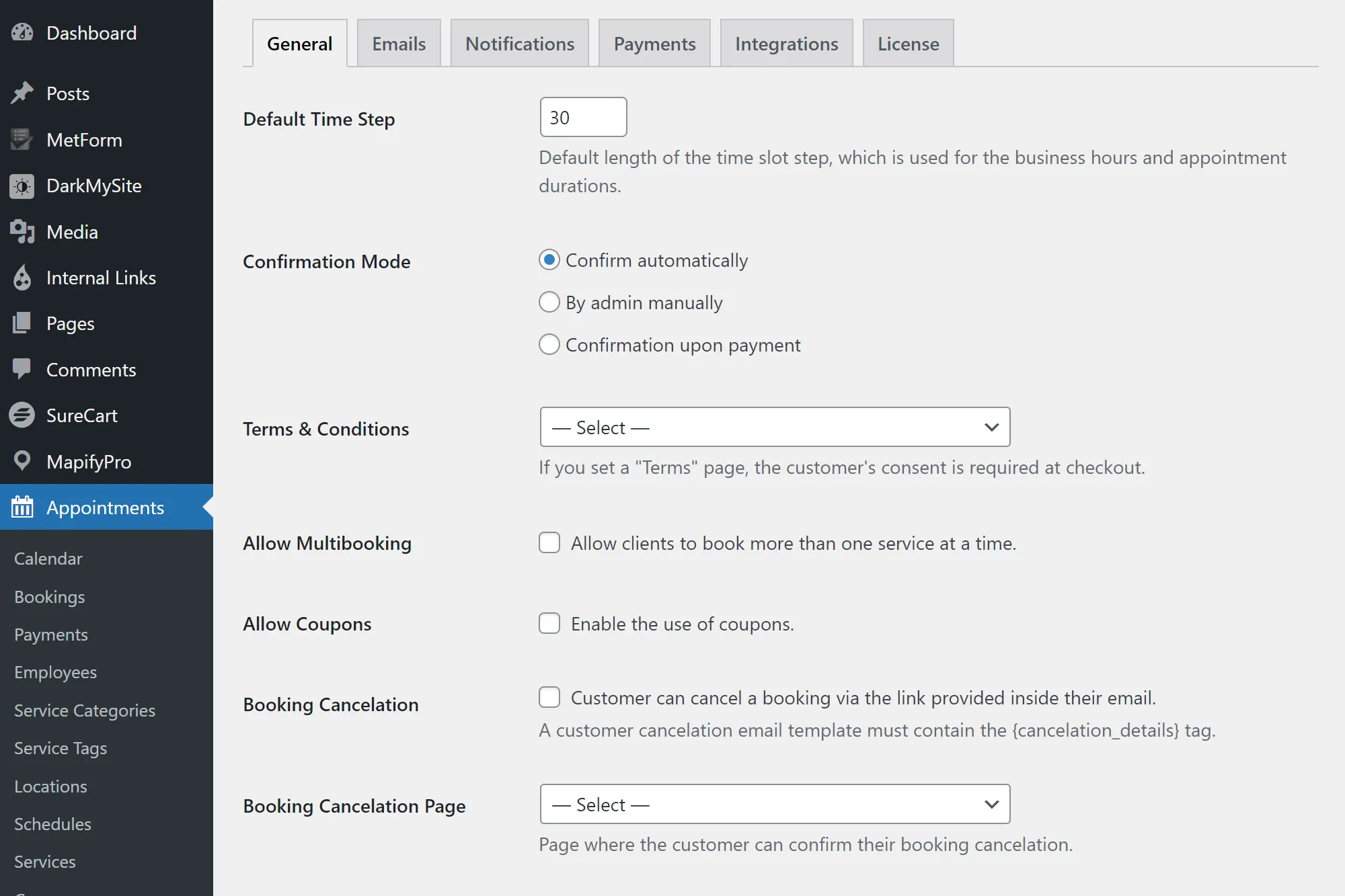 Online appointment settings interface for booking management.