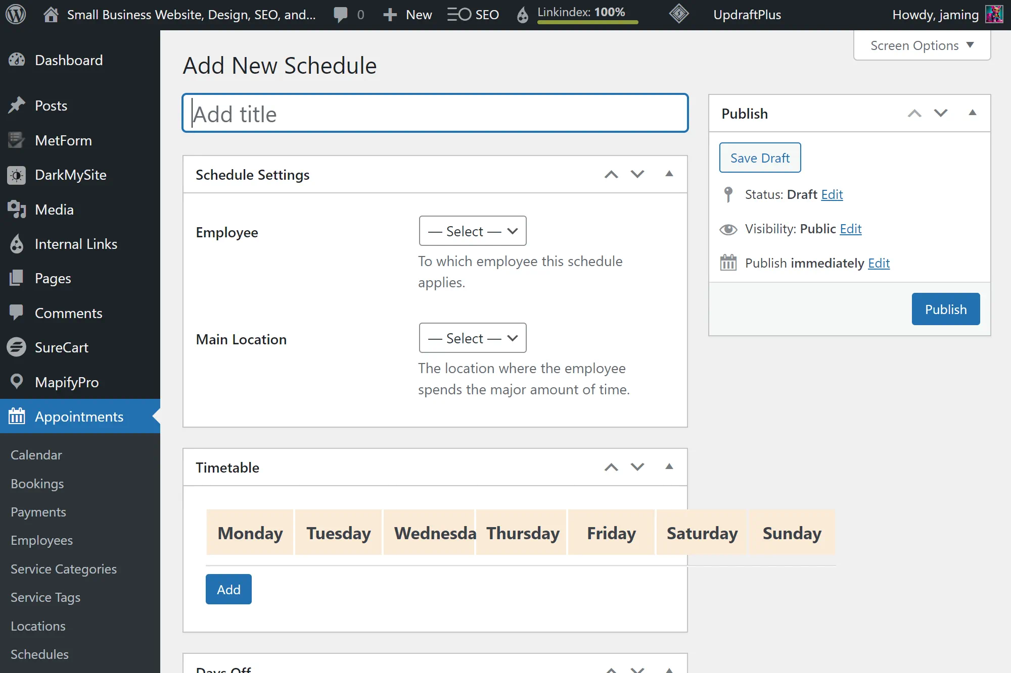 WordPress schedule creation interface with timetable.