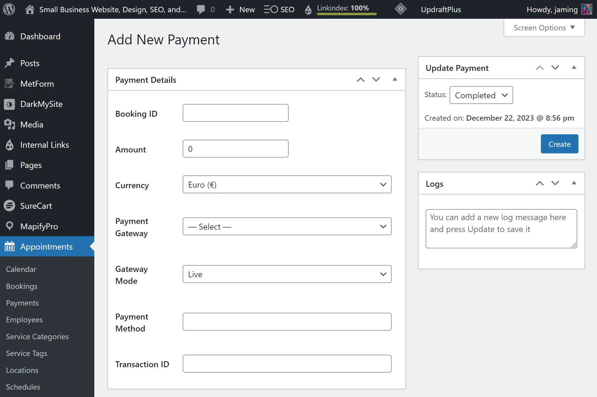 Payment processing screen on business management software.