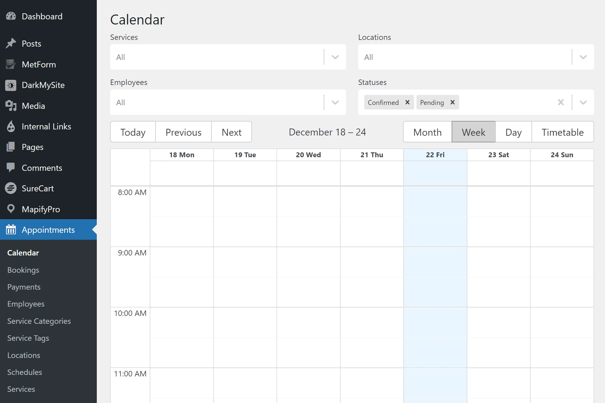 Weekly appointment calendar interface with filters.