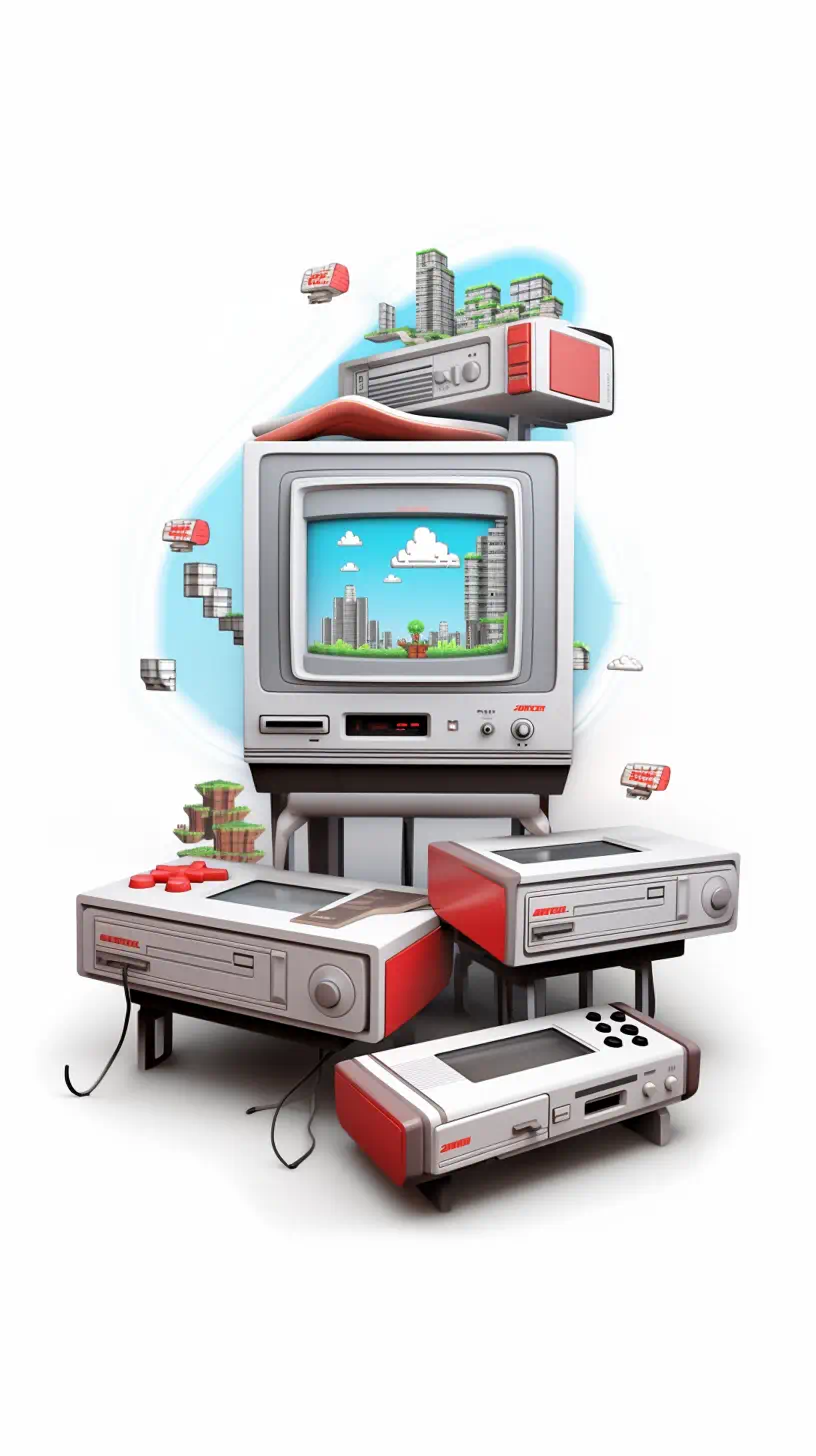 Vintage gaming console and pixel art city.