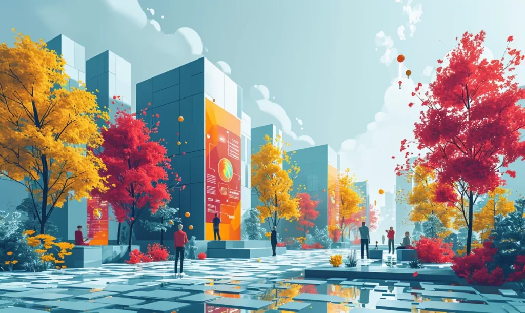 Stylized urban park with colorful autumn trees and pedestrians.