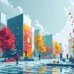 Stylized urban park with colorful autumn trees and pedestrians.