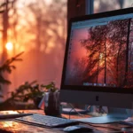 Computer on desk displaying sunset through window.