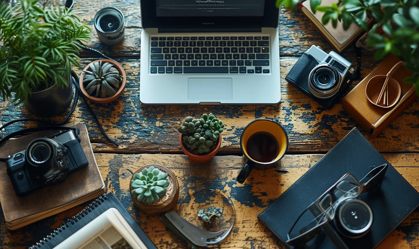 Creative workspace with laptop, plants, camera, and coffee.
