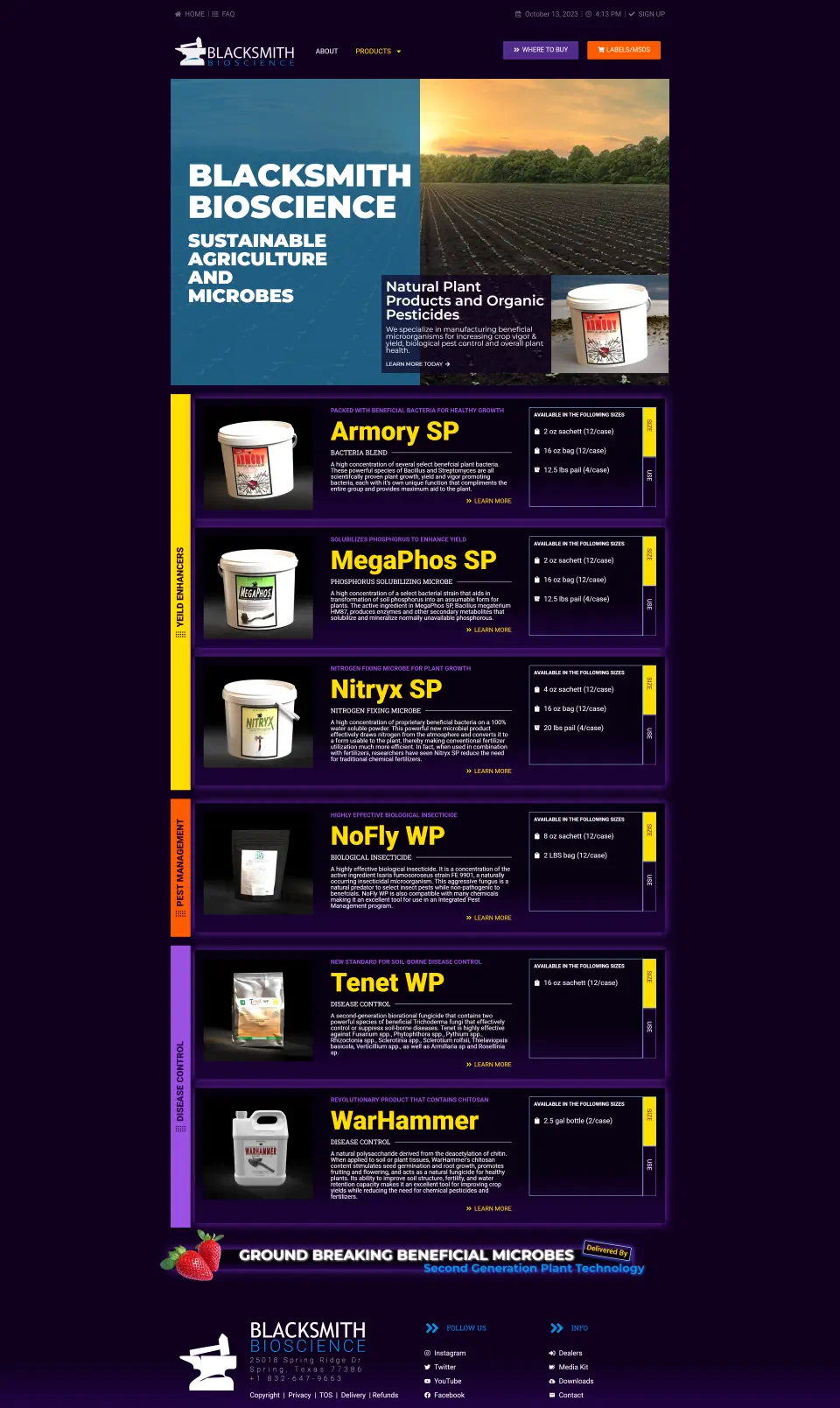 Agriculture products webpage featuring sustainable microbes and pesticides.
