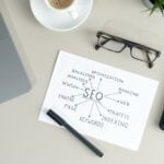 Working desk with paper sheet with SEO planning