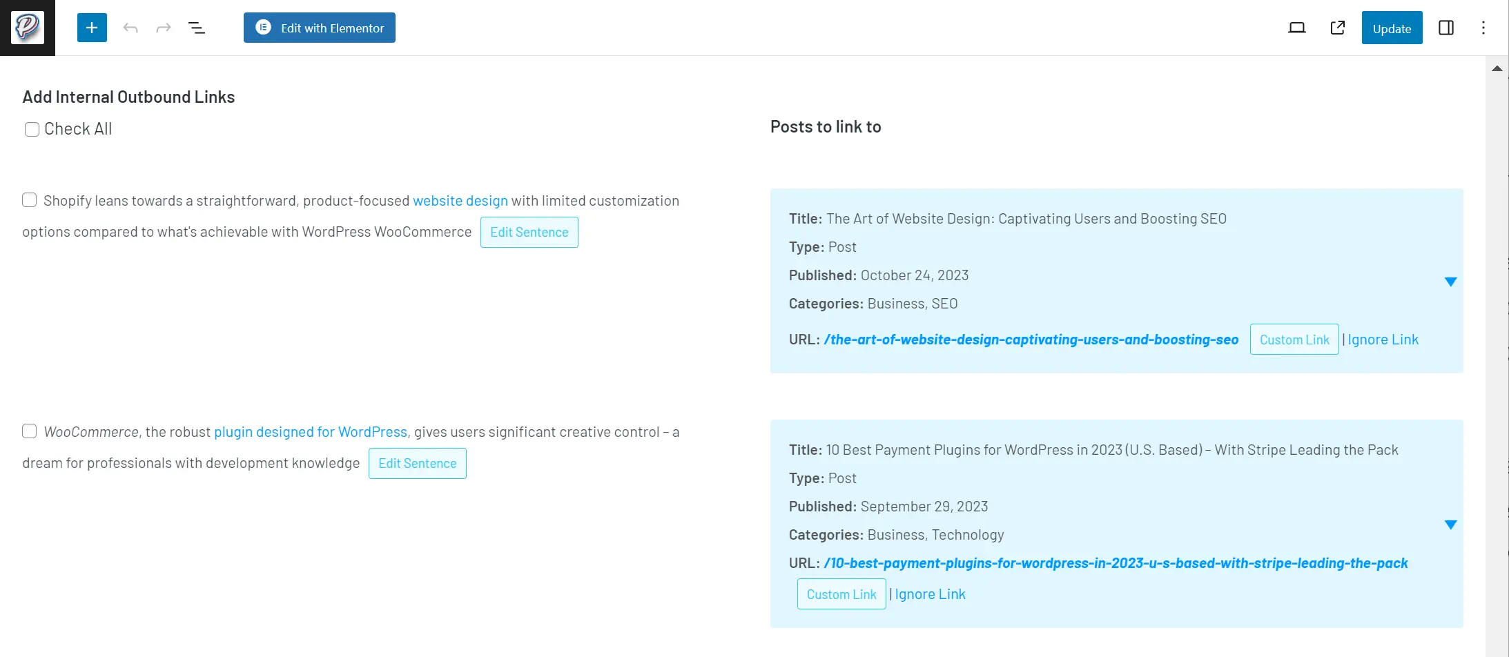 Screenshot of a website SEO linking tool interface.