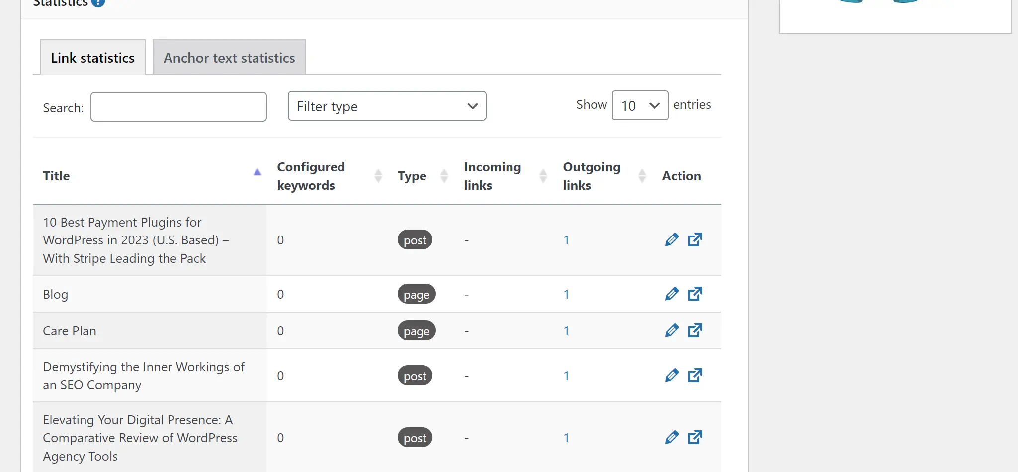 SEO link statistics dashboard screenshot.