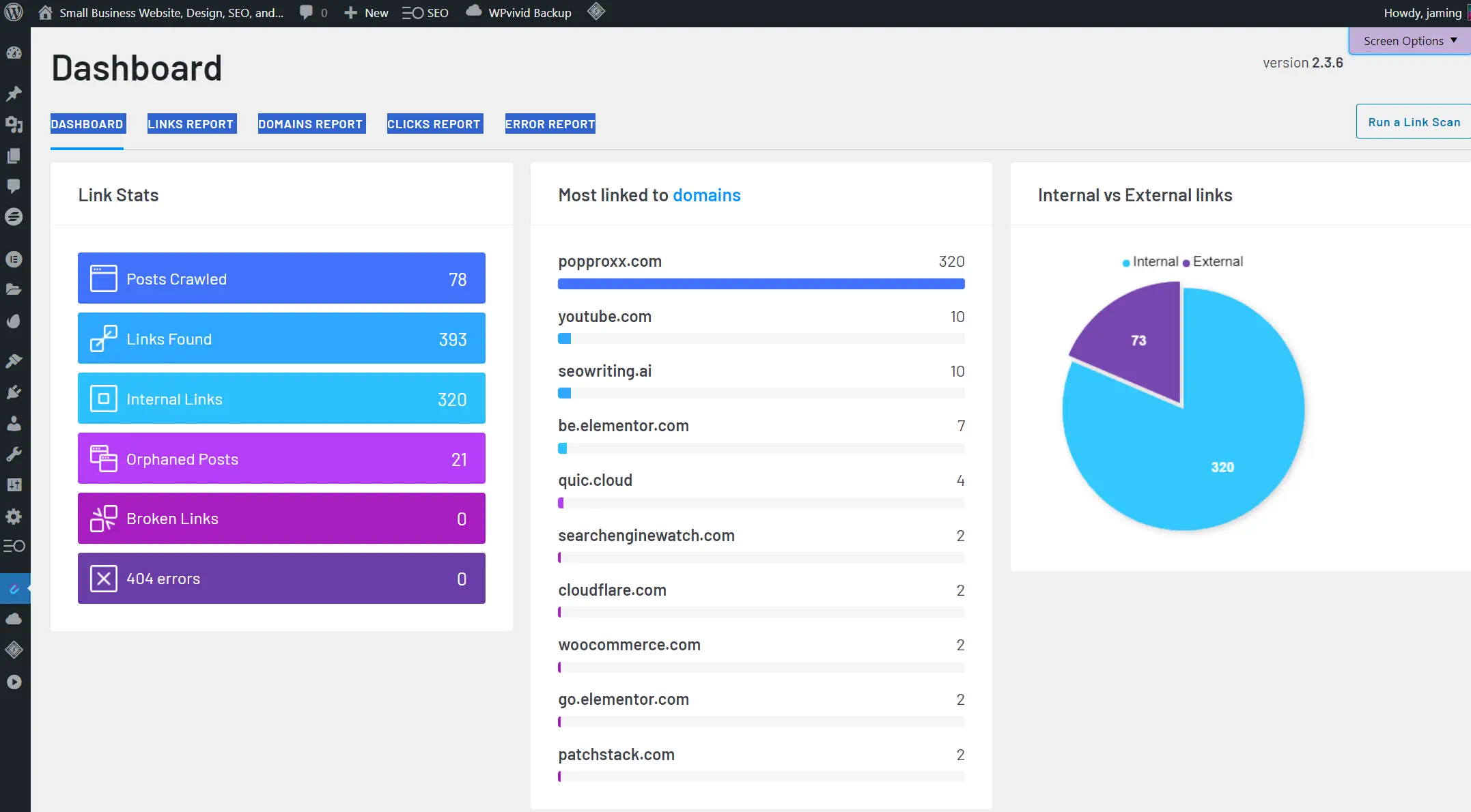 Website link analytics dashboard with pie chart and domains.