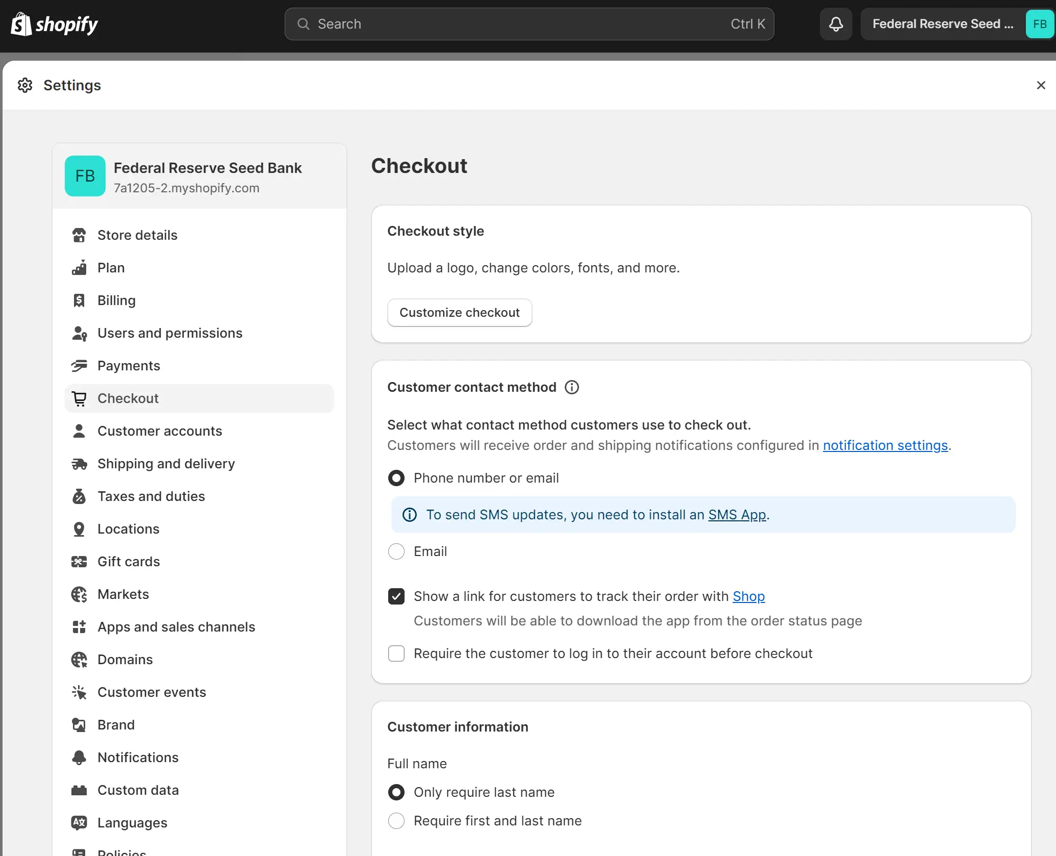 Screenshot of Shopify checkout settings page.