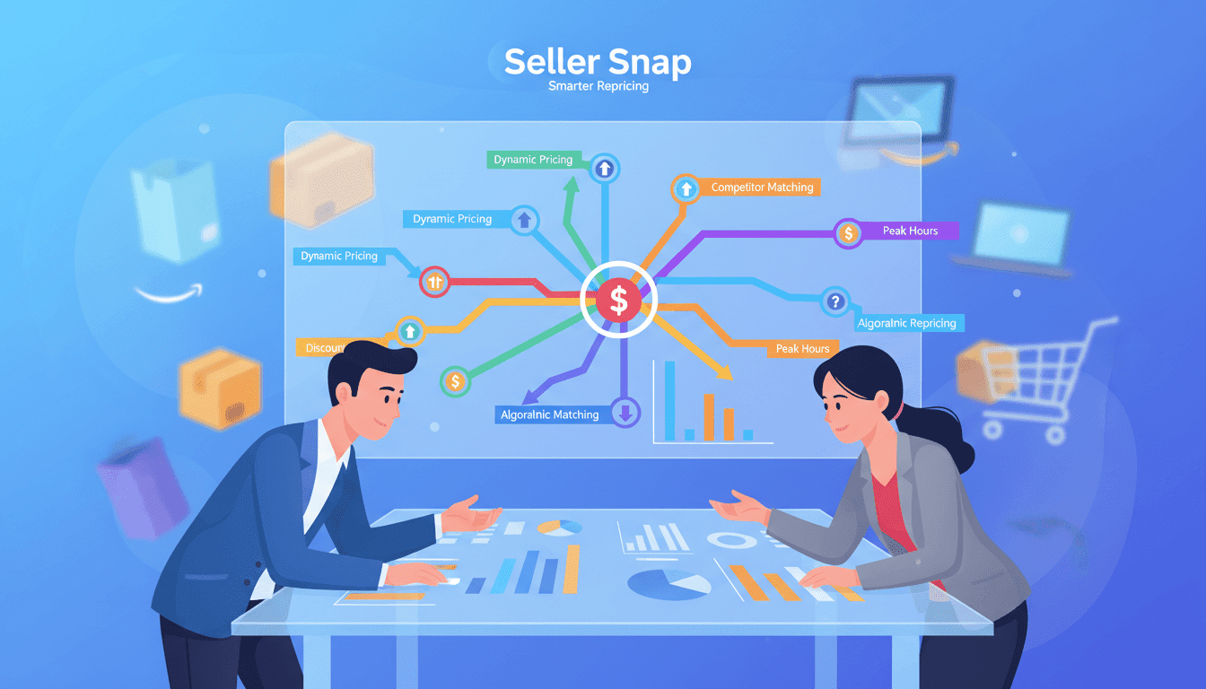 A dynamic flat vector graphic illustrating the concept of game theory in the context of pricing strategies for Amazon sellers. In the foreground, depict two stylized business professionals in smart business attire, engaged in a strategic discussion over charts and graphs related to repricing strategies. The middle layer features a digital board filled with colorful arrows, indicating various pricing tactics and outcomes, symbolizing decision-making in a competitive marketplace. In the background, abstract representations of products and the Amazon logo blend subtly into the design, creating an interconnected environment. Use bright, engaging colors and soft lighting to foster a contemporary business atmosphere. The brand name "Seller Snap" should be integrated into the design in a sleek, modern font, emphasizing its importance in smarter repricing.