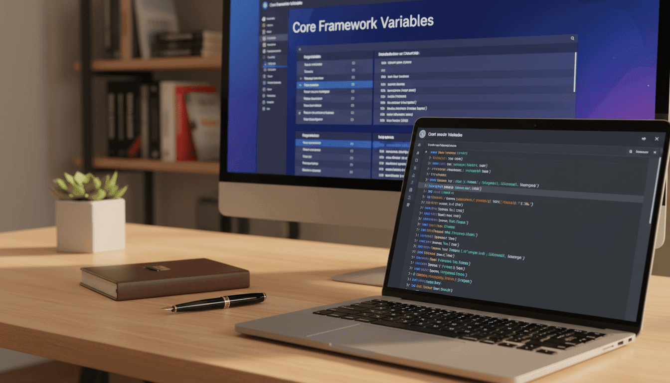 A modern, sleek workspace featuring a digital interface on a computer screen displaying "Core Framework Variables" in a clean, organized layout. The foreground shows a close-up of a stylish laptop with soft ambient lighting reflecting off the screen, highlighting colorful utility classes and variable names in an elegant font. In the middle, a minimalist desk with a potted plant and a notebook adds a touch of nature to the techy environment. The background reveals blurred shelves filled with coding books, enhancing the professional atmosphere. The image conveys a sense of innovation and efficiency, with warm lighting to create a welcoming feel, shot from a slightly elevated angle to capture the essence of a productive work environment.