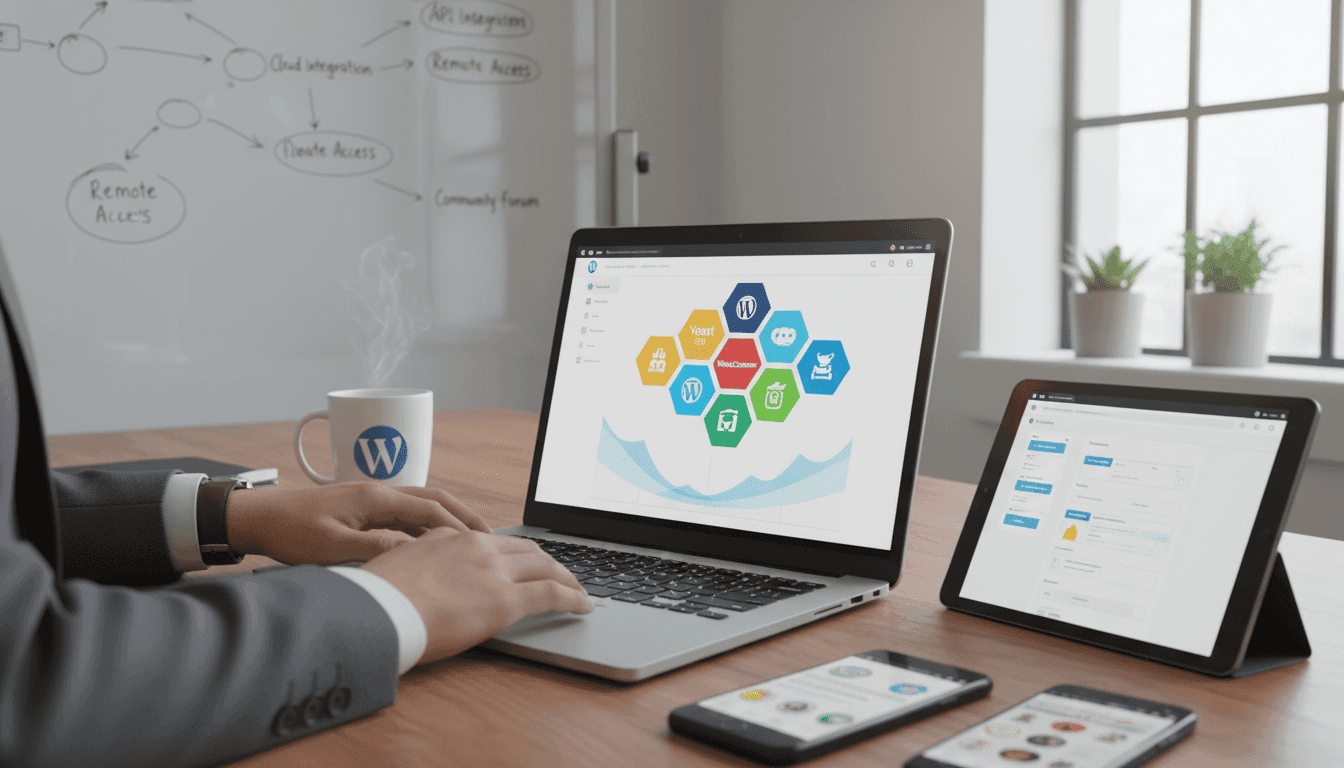 A modern workspace scene showcasing access to digital tools, emphasizing the concept of connectivity. In the foreground, a sleek laptop is open, displaying a colorful digital dashboard filled with graphs and plugins, representing the WordPress ecosystem. To the left, a pair of hands, dressed in professional attire, are portrayed engaging with the laptop, symbolizing active participation. In the middle ground, an array of devices like tablets and smartphones are scattered, showcasing various interfaces, while a coffee cup sits nearby, adding to the collaborative atmosphere. The background features a whiteboard with sketches and notes on digital access, under soft, natural lighting from a window to create a productive, inspiring mood. The angle is slightly elevated, giving a comprehensive view of the workspace environment.