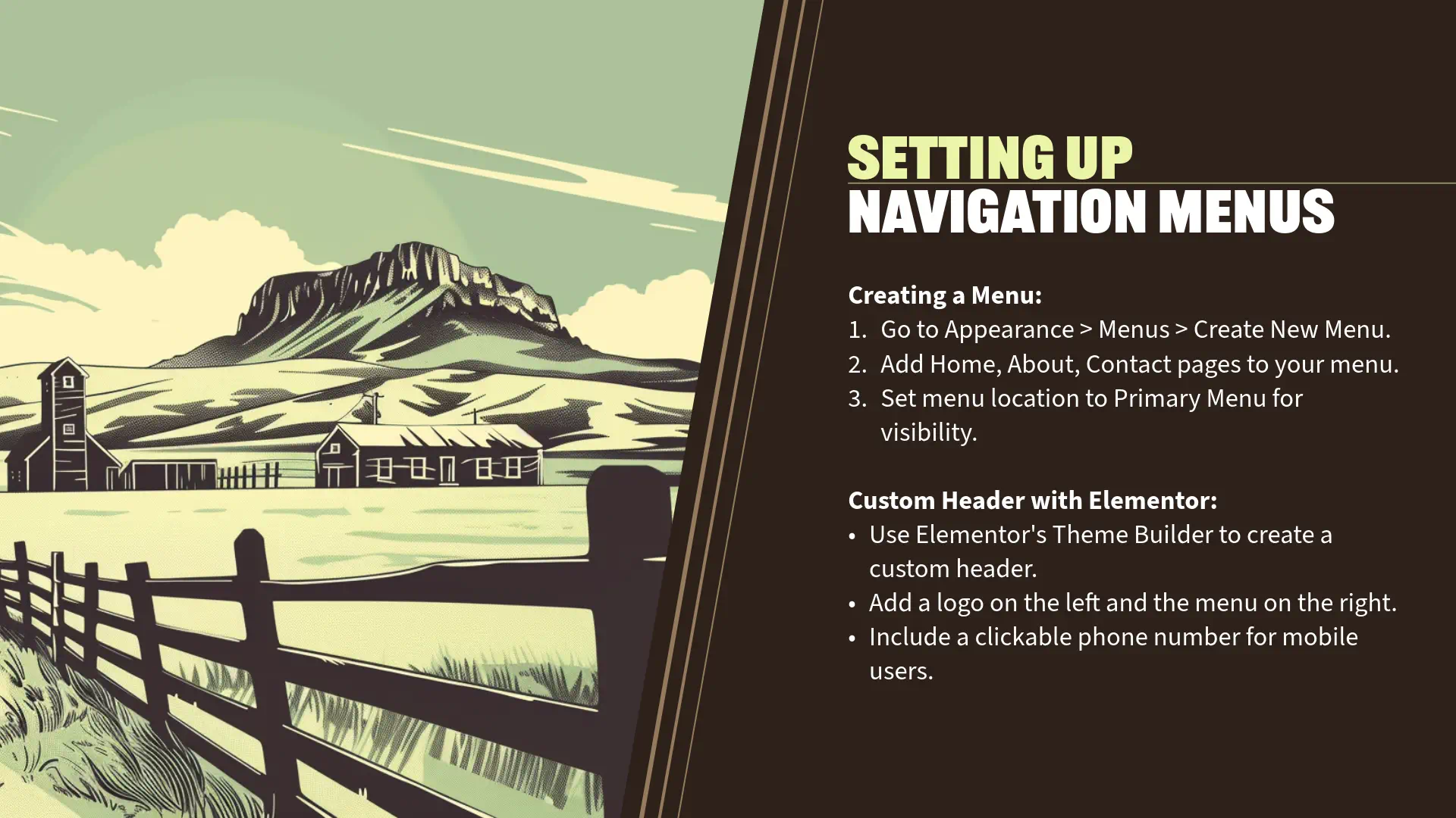 Steps for setting up navigation menus.