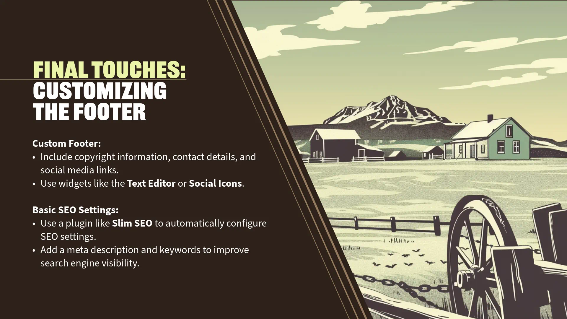 Tips for customizing website footer and SEO settings.