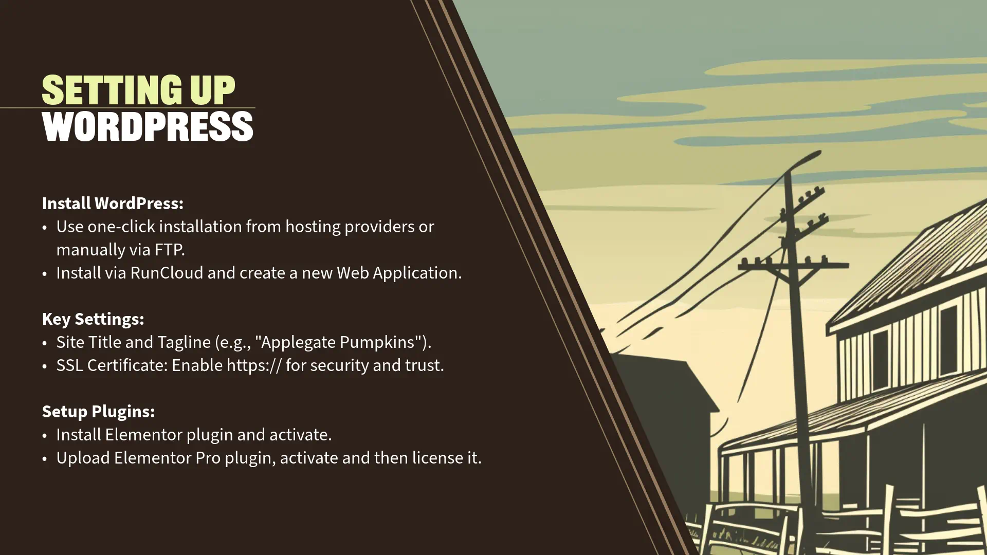 Guide for setting up WordPress, plugins, and key settings.