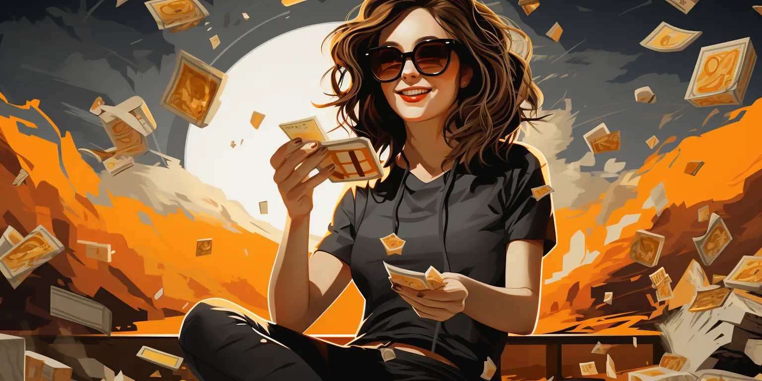 Woman with sunglasses enjoying rain of money illustration.