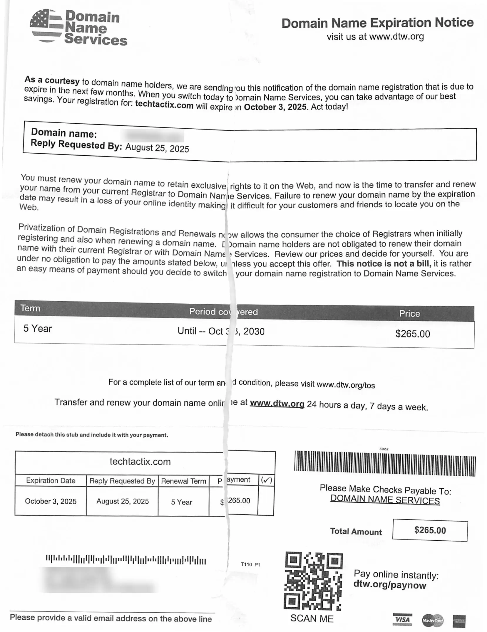 Domain name expiration notice with renewal details.