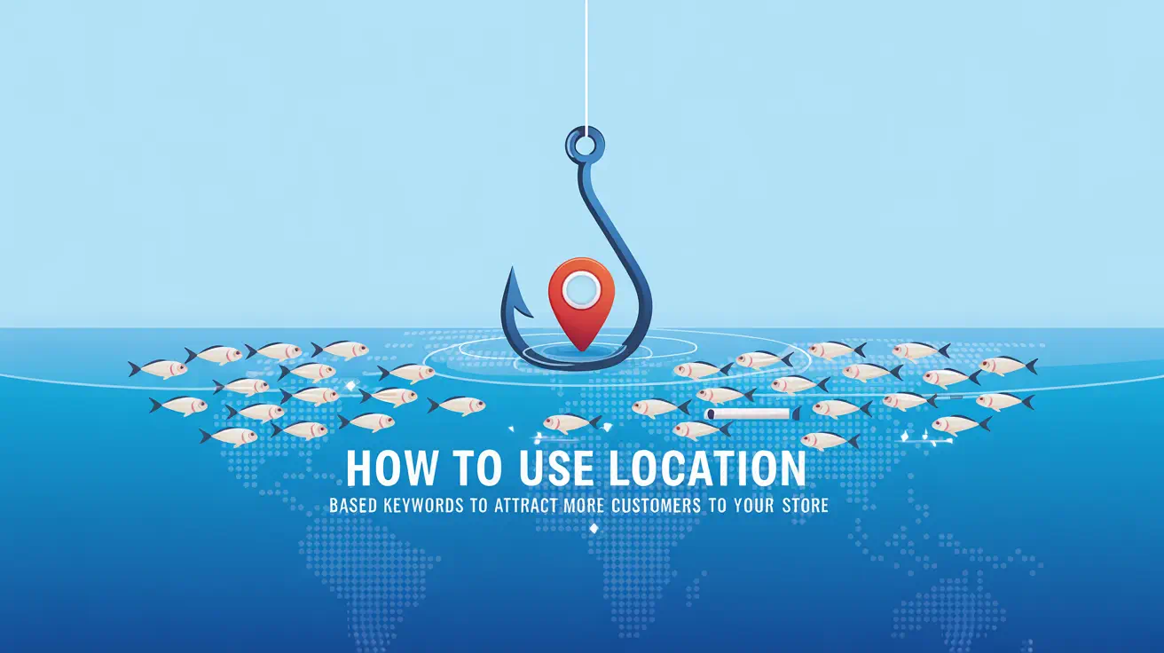 Fishing hook with fish and location pin illustration.