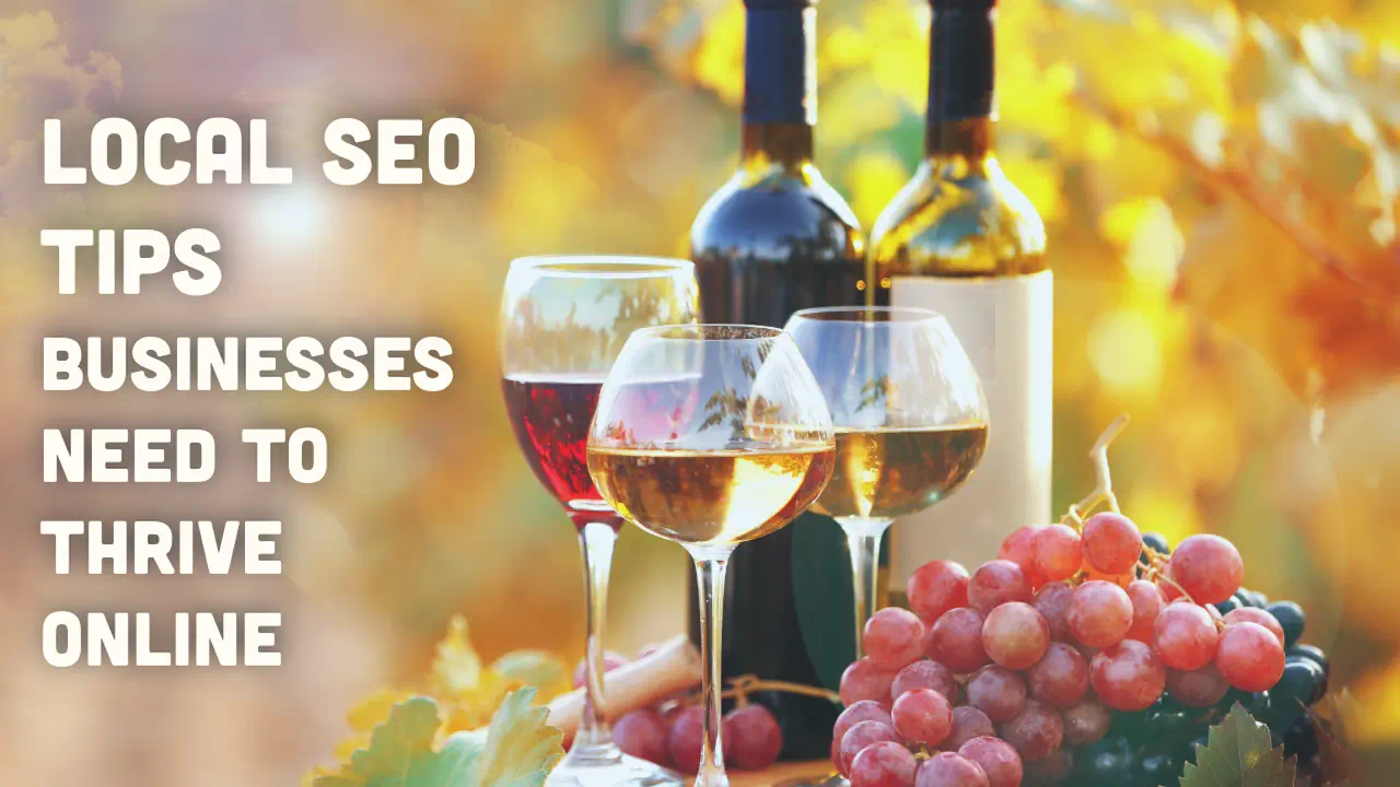 Wine glasses, bottles, grapes with SEO tips overlay.