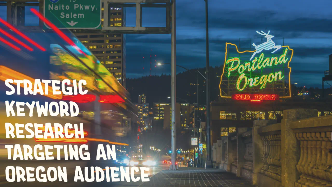 Illuminated Portland, Oregon sign at night with traffic blur.