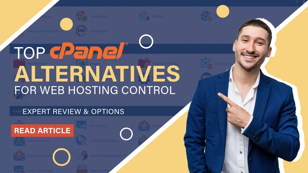 Man pointing at top cPanel alternatives for web hosting.